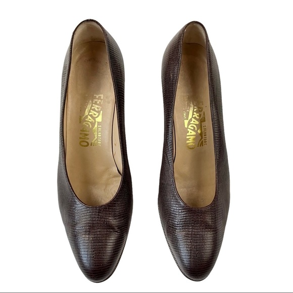 FERRAGAMO Vintage Patent Calf Visone Lizard Print Heels - Picture 7 of 12